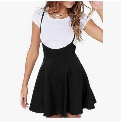 YOINS Women's Black Solid Suspender Skater Zip Short Skirt Size M
