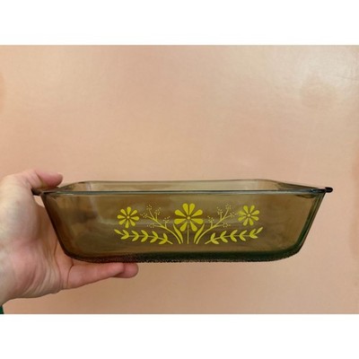 Vintage Corning Ware Smoked Brown Glass Loaf Pan Gold Floral Retro Bakeware