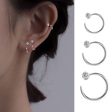 Women Tiny Silver CZ Crystal Huggie Open Hoop Stud Earrings Set Gift For Her