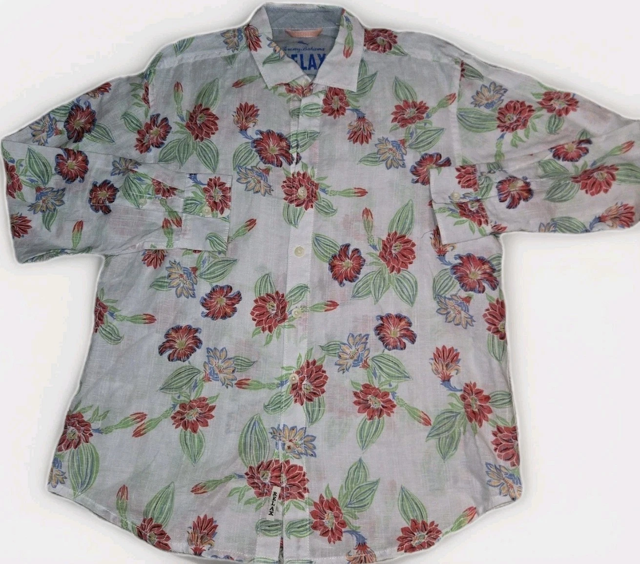 Tommy Bahama Men's Large White Linen Blend Floral Print Button Down Shirt