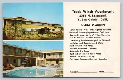 Postcard Trade Winds Apartments S. San Gabriel California Advertisement