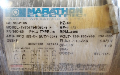 MARATHON ELECTRIC 1.5HP 3450RPM 56C TEFC 3PH GP MOTOR P105 8VB56T34F5324E P