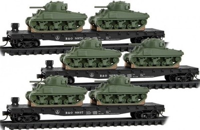MICRO TRAINS 983 02 218 N SCALE BALTIMORE & OHIO FLATCAR w/ SHERMAN TANKS 3 PACK