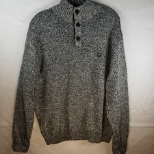 Academia Sweater Elbow Patch Black/Cream Mock Neck 1/4 Button Preppy Chaps Sz L