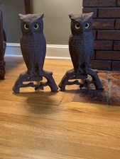 Owl andirons cast iron with glass eyes antique pair 1800s stamped