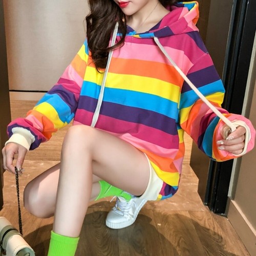 Women Girl Rainbow Striped Hooded 