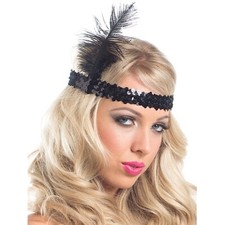 Flapper Headband Sequin Feather Head Piece Costume 1920s Black 226