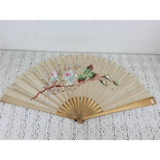 Antique French Victorian Hand Painted Roses Flowers Organza  Wood Hand Fan