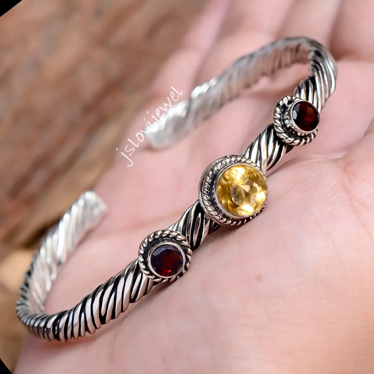 Citrine Garnet Cut Multi Gemstone 925 Sterling Silver Bracelet