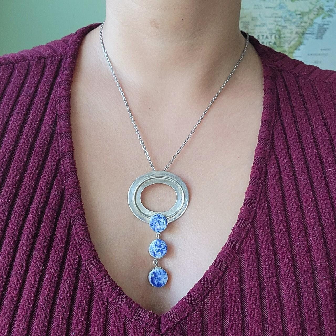 Vintage Silver Ceramic Bead Statement Necklace - image 4