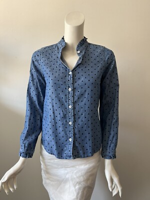 Current Air Blue Chambray Polka Dot Lyocell Ruffle Neck Button Down Shirt XS