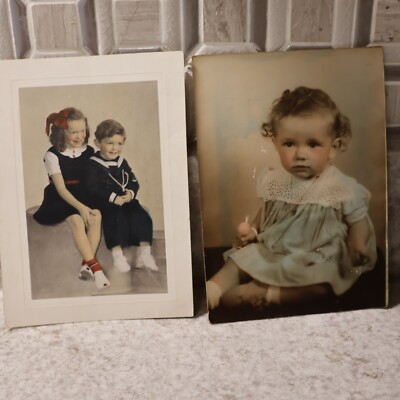 1940s Young Girl Curls, 4x7 Studio Portrait Photos, Colorized, Original LOT of 2