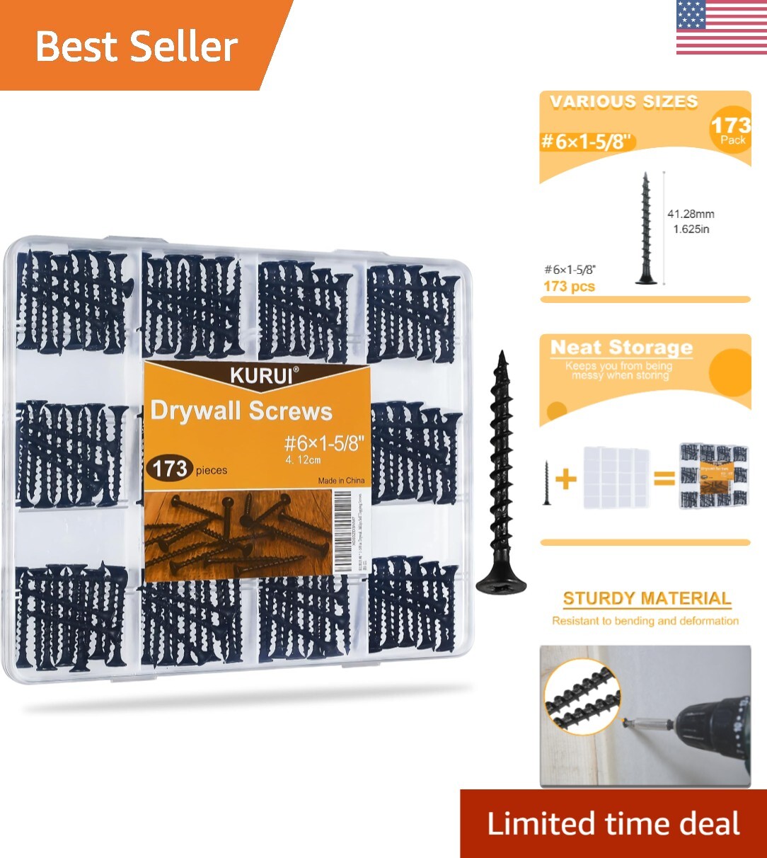 Versatile 1-5/8in Black Phillips Drywall Screws Set - 173 pcs with Storage Case