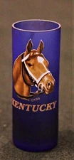 Kentucky Cobalt Blue Frosted Shot Glass Jigger Racehorse 4" Tall Souvenir KSS
