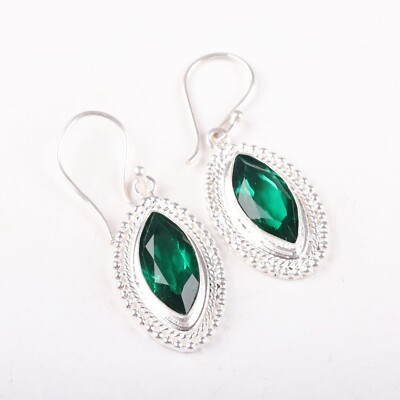 Zambian Emerald Marquise Cut Gemstone Bezel set Delicate Earrings 925 Silver
