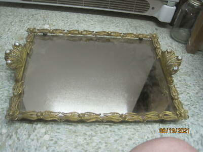 Vintage rectangular Gold tone elaborate Filigree Vanity Tray Dresser Mirror  | eBay