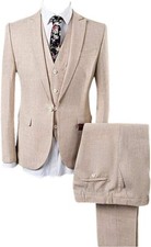 Beige Men Linen Suit 3 Piece Peak Lapel Groom Tuxedo Wedding Prom Party Custom