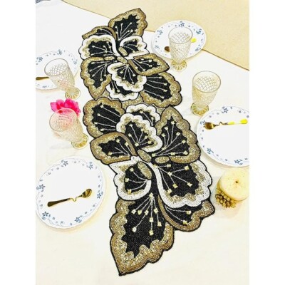 Indian Handcrafted beaded table runner black&gold design, thanksgiving, decor