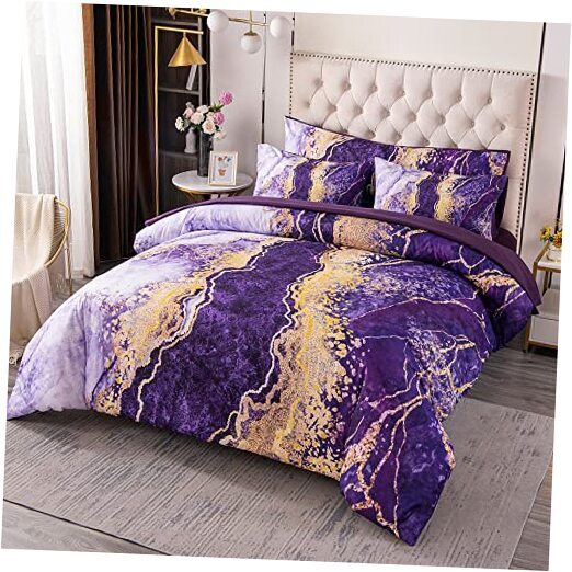 6 Pcs Bed-in-A-Bag Watercolor Marble Colorful Comforter queen(6Pcs) Purple