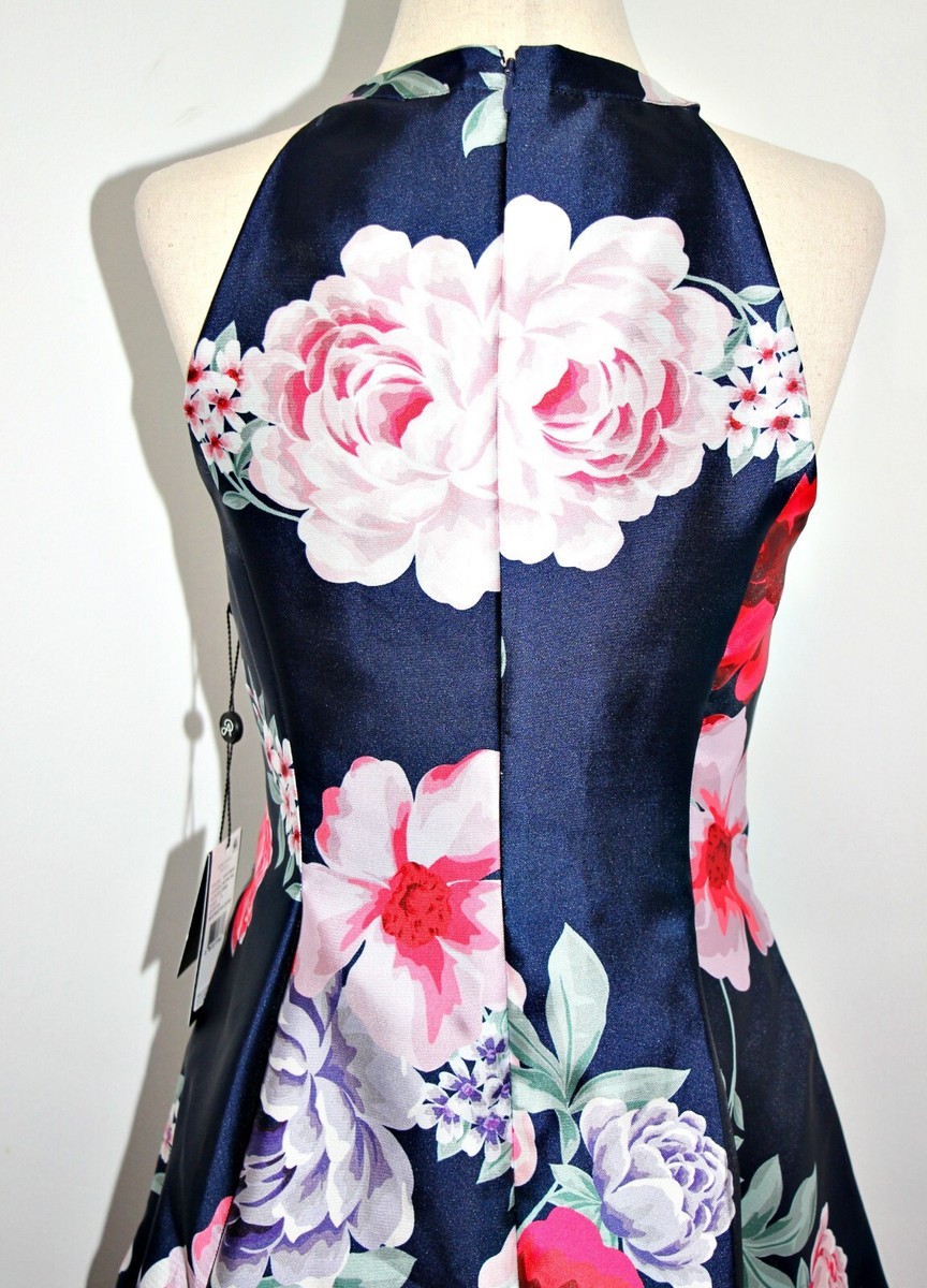 ADRIANNA PAPELL Navy Blue Floral Print Mikado High-Low