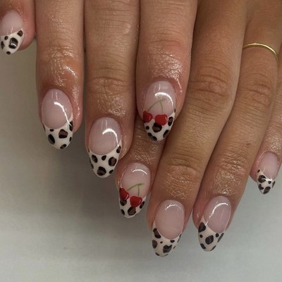 Pack of 24 Multicolor Leopard Cherries Design Short Almond Faux Nail for Ladies