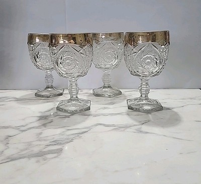 EAPG US Glass Goblets Buzz Star/Comet Pattern Gold Trim Water Goblets Vintage 
