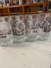 4 Currier Ives Beverage Glasses Black White Colonial Seasonal Scene US