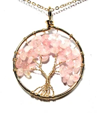 Gold Tone Rose Quartz Semi Precious Stone Tree Of Life 20" Necklace NWOT (#2987)