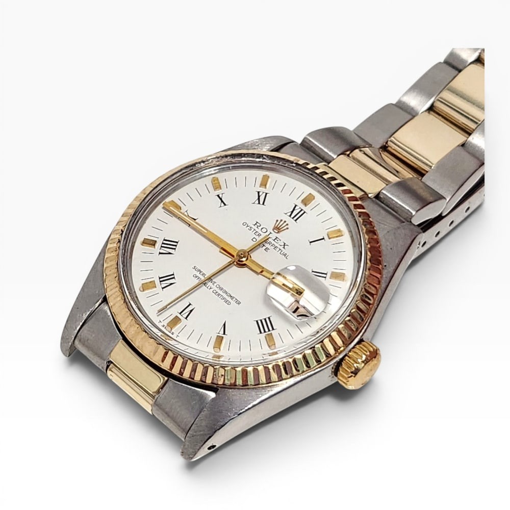 Rolex Date 34 mm Two Tone White Roman Oyster Automatic Watch 1500 Circa 1980 image 6
