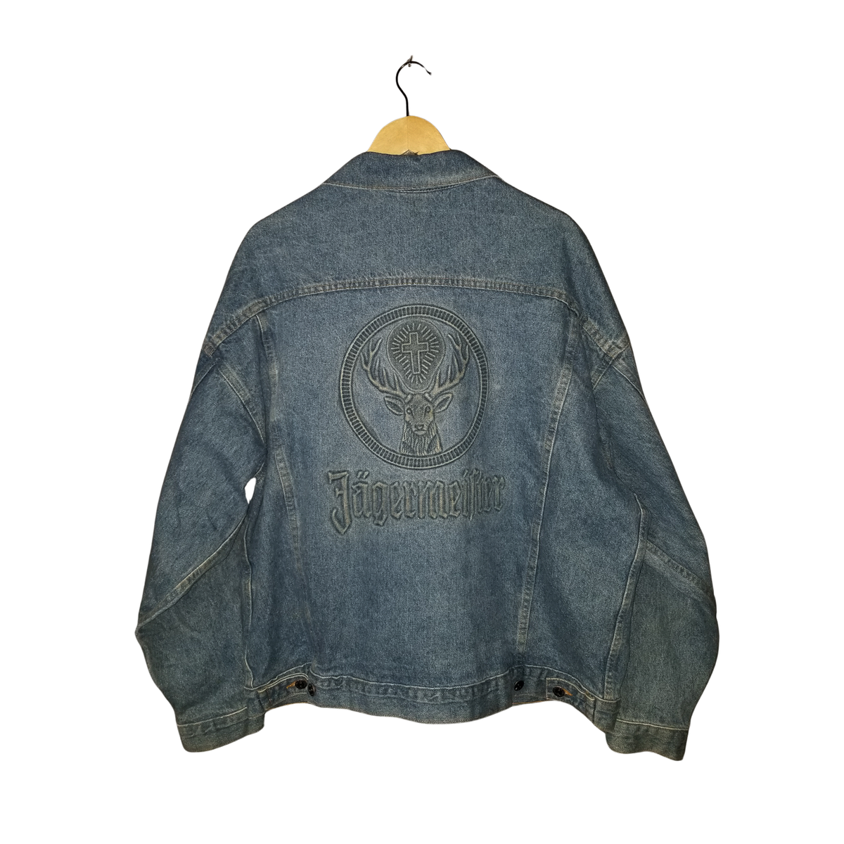 JAGERMEISTER Denim Jacket Vintage 90s Embossed Spell Out Biker