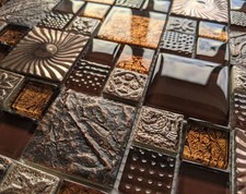 Ancient Nature Textured Stone Glass Metal Square Copper Brown Mosaic Wall Tile