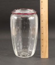 Vintage Italian Signed Lizaville Clear & Cranberry Art Glass Bullicante Vase, NR
