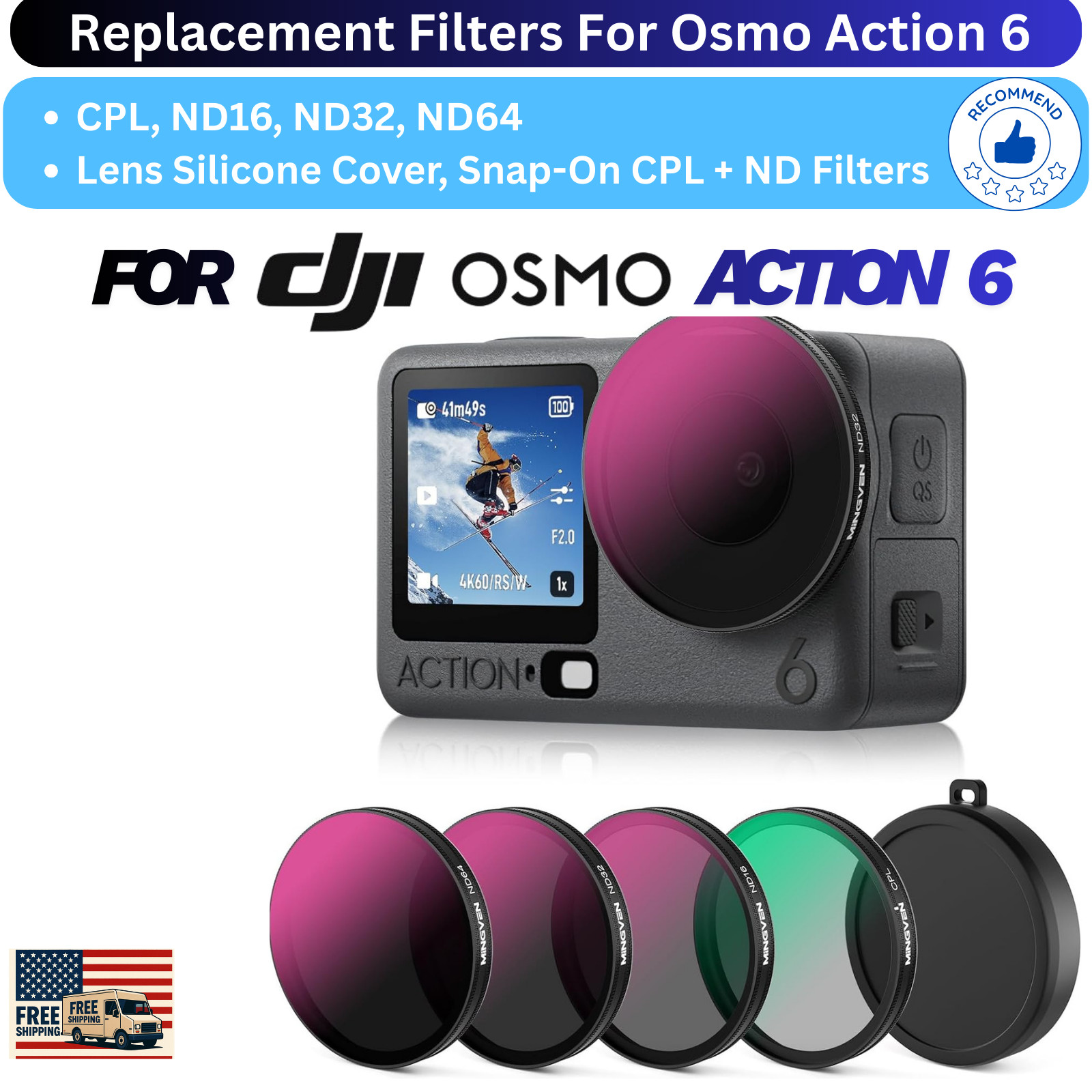 Juego de filtros Osmo Action 6 ND CPL ND16 ND32 ND64 Snap-On con cubierta de lente
