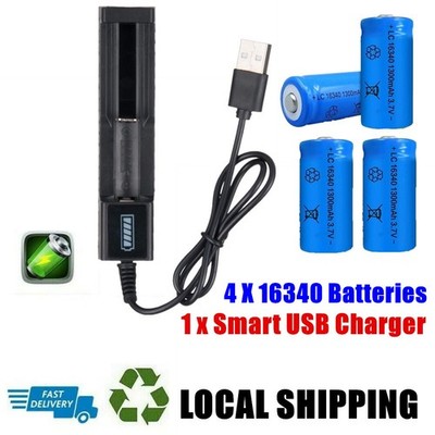 4PCS 3.7 V 1300 mAh 16340 Batteries Rechargeable Li-ion Battery + USB Charger