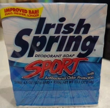 Irish Spring Sport Antibact Deodorant Bar Soap In Pack Of 3 Orig Wrap 4.5 Oz NOS