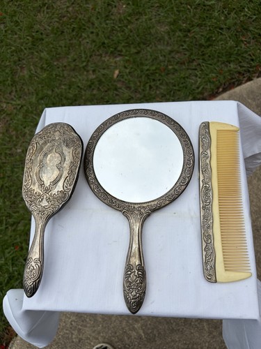 Set Vanità Placcato Argento Vintage Specchio Mano Spazzola Capelli Pettine Vittoriano Art Nouveau - Foto 7 di 7