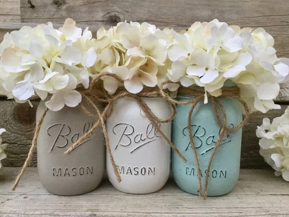 REG Mouth Mason Glass Jars Set of Three handpainted boho decor distressed look