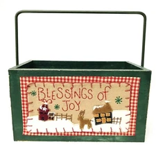 Vintage Trinket Holiday Wood Box Handled Candy Green Quilted Reindeer Christmas