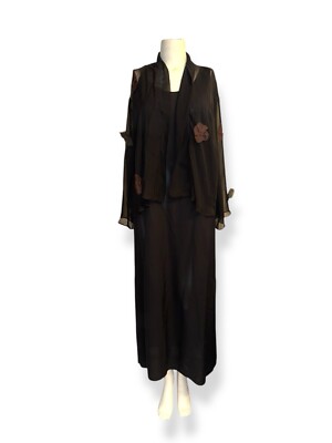HARARI Silk Tank Dress w Chiffon Sheer Jacket Floral Appliqué Black size M