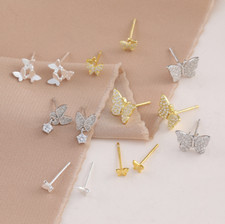 S925 Sterling Silver Lovely Adorable Butterfly CZ Stud Earrings Women Girl AJ