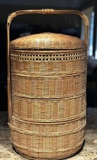 Vintage Chinese 4-Tier Wedding Basket With Lid Woven Bamboo