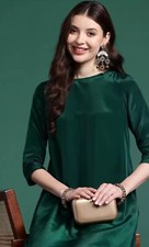 Indian Salwar Suit ; Women Satin Silk Solid Assymetric A-line Kurta Trouser Set