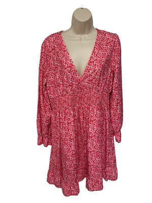 Unbranded Women's Pink Floral Print Faux Wrap V-Neck Long Sleeve Dress Size  L - Main Image