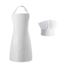  Chef Apron Hat Set for Women and Men, Adjustable Bib Apron with 2 White