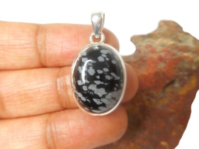 Ovale Schneeflocke Obsidian Sterlingsilber 925 Edelstein Anhänger - Geschenkverpackung