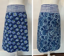 Reversible Half APRON Blue Hydrangea Swirls Check Cotton Ties In Back ADULT