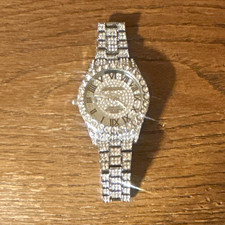 Silver Tone Iced Out Analog Wristwatch, Roman Numeral Dial, Metal Bracelet