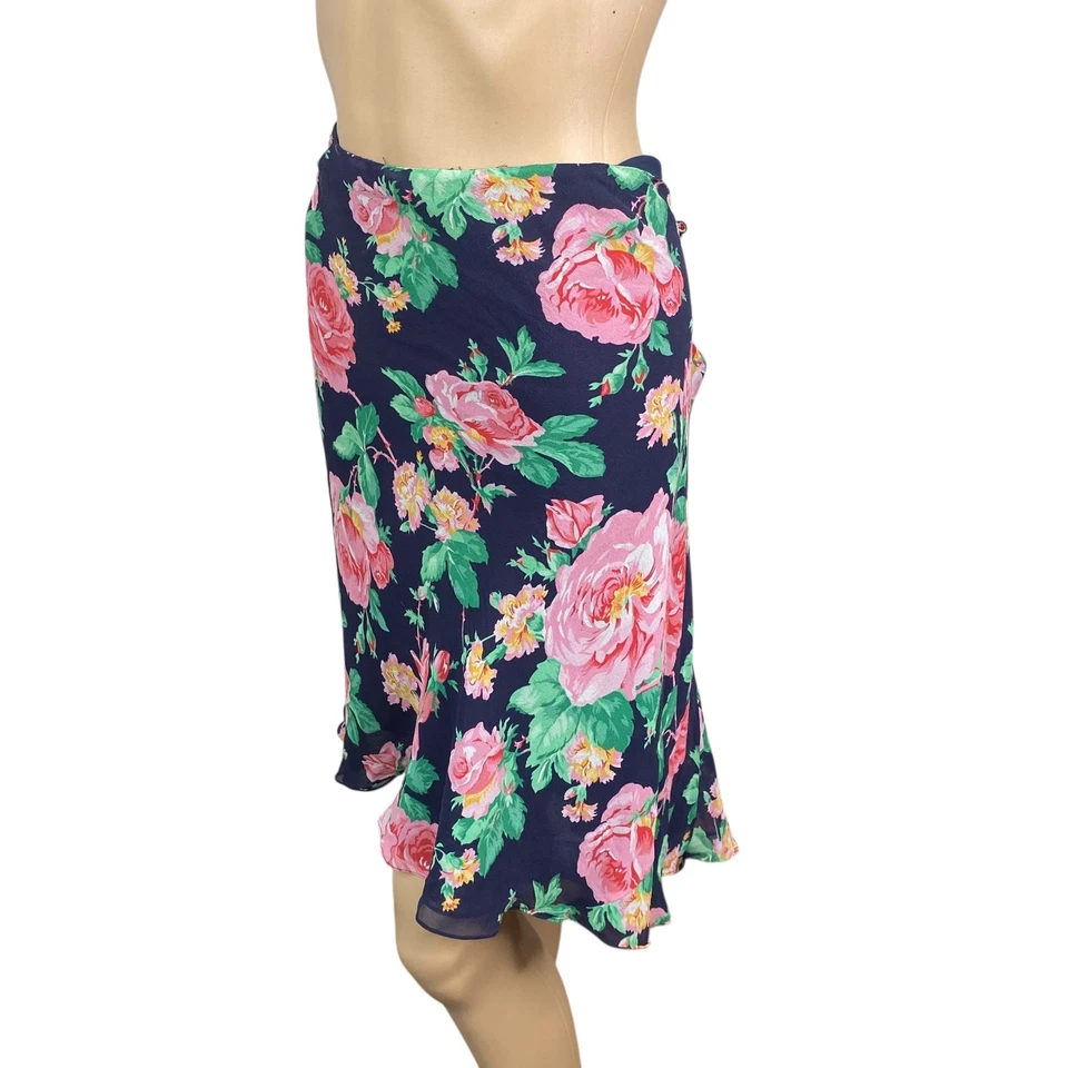 Ralph Lauren LRL Y2K Vtg Blue Pink Floral Rose Silk Bias Cut Skirt SZ 16W - Image 4 of 4