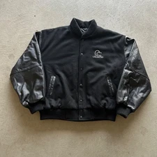 Vintage 90s Duck Unlimited Varsity Jacket Size XL Black Wool Leather Button Snap