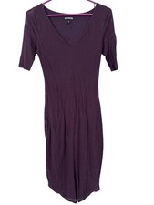 Express Midi Dress Size Small Ribbed Sheer V Neck Short Sleeve Purple Stretch